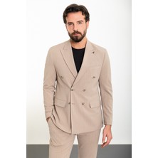 MCR Çizgili Bej Slim Fit Geniş Yaka Kruvaze Erkek Takım Elbise