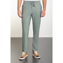 Çizgili Açık Yeşil Super Slim Fit Beli Lastikli Ipli Erkek Pantolon