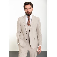 Düz Bej Slim Fit Mono Yaka 4 Drop Klasik Erkek Takım Elbise