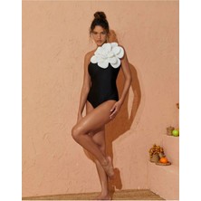 Coesta Ella Siyah Tek Kol Çiçek Aplikli Kadın Body