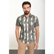 Desenli Haki Slim Fit Kısa Kollu Erkek Gömlek