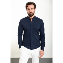 Düz Lacivert Slim Fit Hakim Yaka Uzun Kollu Erkek Gömlek