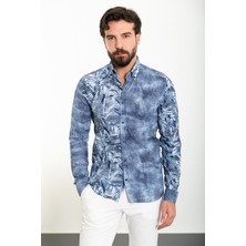 Yaprak Desenli Lacivert Slim Fit Uzun Kollu Gofre Erkek Gömlek