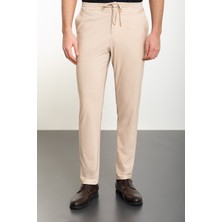 Çizgili Bej Super Slim Fit Beli Lastikli Ipli Erkek Pantolon