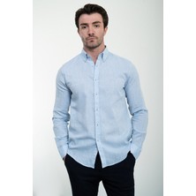 Düz Mavi Slim Fit Keten Erkek Gömlek