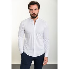Düz Beyaz Slim Fit Hakim Yaka Uzun Kollu Erkek Gömlek