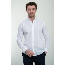 Düz Beyaz Slim Fit Keten Erkek Gömlek