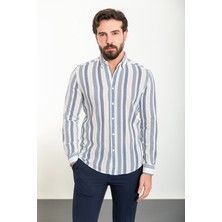 Çizgili Lacivert Slim Fit Uzun Kollu Erkek Gömlek