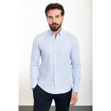 Düz Mavi Slim Fit Uzun Kollu Erkek Gömlek