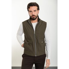 Düz Haki Slim Fit Torba Cep Hakim Yaka Erkek Yelek