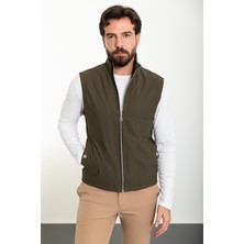 Düz Haki Slim Fit Hakim Yaka Erkek Yelek
