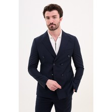 Düz Lacivert Slim Fit Geniş Yaka Kruvaze Erkek Takım Elbise