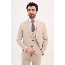 Düz Taş Rengi Slim Fit Geniş Yaka Erkek Takım Elbise