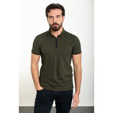 Düz Haki Slim Fit Fermuarlı Polo Yaka Erkek T-Shirt