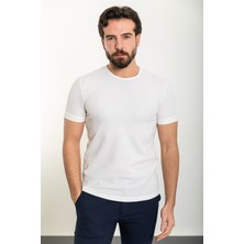 Desenli Ekru Slim Fit Bisiklet Yaka Erkek T-Shirt