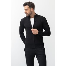 MCR Duz Siyah Renk Slim Fit Yarım Balıkcı Yaka Erkek Hırka