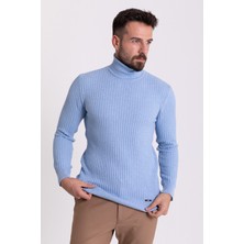 MCR Dokulu Mavi Renk Slim Fit Tam Balıkçı Yaka Erkek Kazak