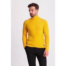MCR Çizgi Desenli Sarı Slim Fit Tam Balıkçı Yaka Erkek Triko Kazak