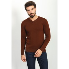 Düz Kiremit Rengi Slim Fit V Yaka Erkek Kazak