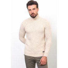 Desenli Bej Rengi Slim Fit Tam Balıkçı Yaka Yün Erkek Kazak