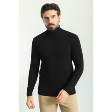 Düz Siyah Renk Slim Fit Tam Balıkçı Yaka Erkek Kazak