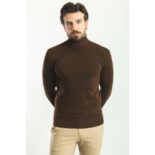 Düz Kahverengi Slim Fit Tam Balıkçı Yaka Erkek Kazak
