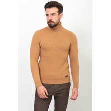 Desenli Kamel Rengi Slim Fit Tam Balıkçı Yaka Yün Erkek Kazak