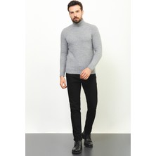 Desenli Gri Renk Slim Fit Tam Balıkçı Yaka Yün Erkek Kazak