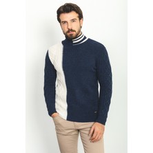 Parçalı Lacivert Renk Slim Fit Tam Balıkçı Yaka Yün Erkek Kazak