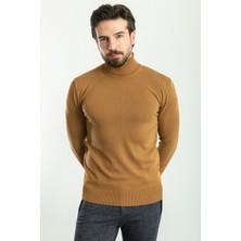 Düz Kamel Rengi Slim Fit Tam Balıkçı Yaka Erkek Kazak