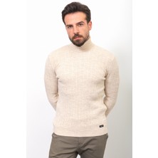 Çizgili Bej Rengi Slim Fit Yarım Balıkçı Yaka Yün Erkek Kazak