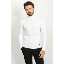 Çizgili Beyaz Renk Slim Fit Tam Balıkçı Yaka Erkek Kazak