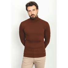 Çizgili Kiremit Rengi Slim Fit Tam Balıkçı Yaka Erkek Kazak