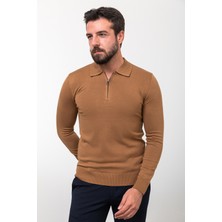 MCR Düz Kamel Slim Fit Fermuarlı Polo Yaka Erkek Triko Kazak