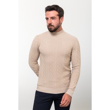 Desenli Bej Slim Fit Yarım Balıkçı Yaka Yün Erkek Triko Kazak
