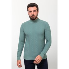 Desenli Yeşil Slim Fit Yarım Balıkçı Yaka Yün Erkek Triko Kazak