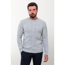 Örgülü Gri Slim Fit Bisiklet Yaka Yün Erkek Triko Kazak