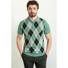 Desenli Yeşil Rengi Slim Fit Polo Yaka Erkek Triko T-Shirt