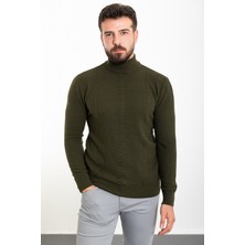 Örgülü Haki Slim Fit Yarım Balıkçı Yaka Yün Erkek Triko Kazak