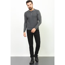 Kareli Antrasit Slim Fit Fermuarlı Polo Yaka Erkek Triko Kazak