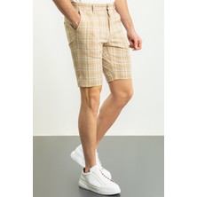 MCR Ekoseli Bej Rengi Super Slim Fit Erkek Şort