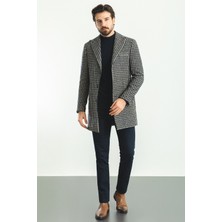 MCR Desenli Lacivert Renk Slim Fit Geniş Yaka Yün Erkek Kaban