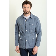 Düz Indigo Rengi Slim Fit Torba Cep Gömlek Yaka Kemerli Keten Erkek Trenchcoat