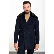 MCR Desenli Lacivert Slim Fit Torba Cep Kürklü Geniş Yaka Kruvaze Yün Erkek Kaban