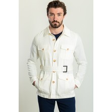 Düz Ekru Rengi Slim Fit Torba Cep Gömlek Yaka Kemerli Keten Erkek Trenchcoat