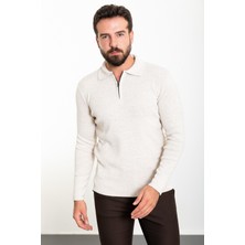 Düz Bej Slim Fit Fermuarlı Polo Yaka Erkek Triko Kazak