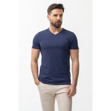MCR Desenli Lacivert Renk Slim Fit V Yaka Basic Erkek T-Shirt