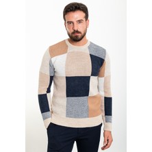 Parçalı Bej Slim Fit Bisiklet Yaka Yün Erkek Triko Kazak