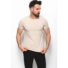 MCR Düz Taş Rengi Super Slim Fit Bisiklet Yaka Basic Erkek T-Shirt