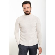 MCR Düz Bej Slim Fit Yarım Balıkçı Yaka Yün Erkek Triko Kazak